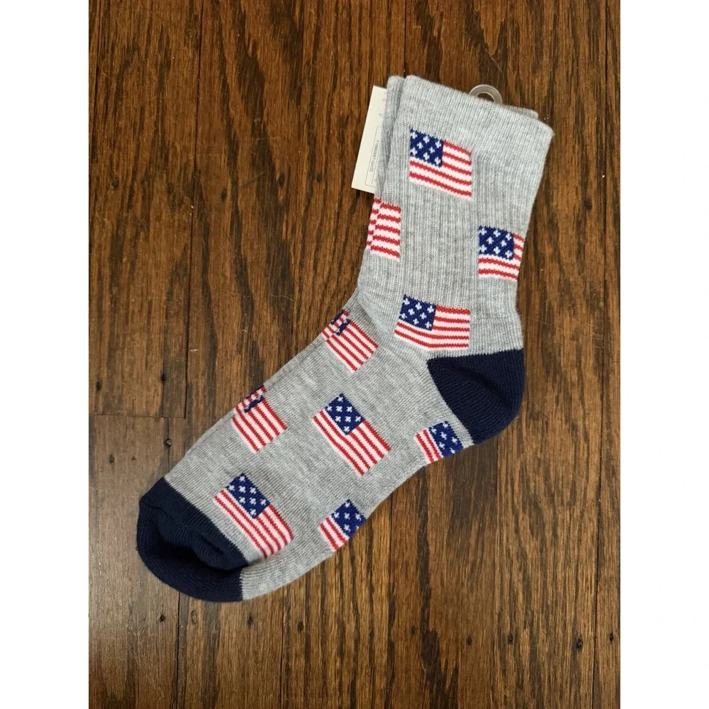 Women's Ribbed Cushion Gray American Flag Mid Crew Socks Size 4-10 NWT